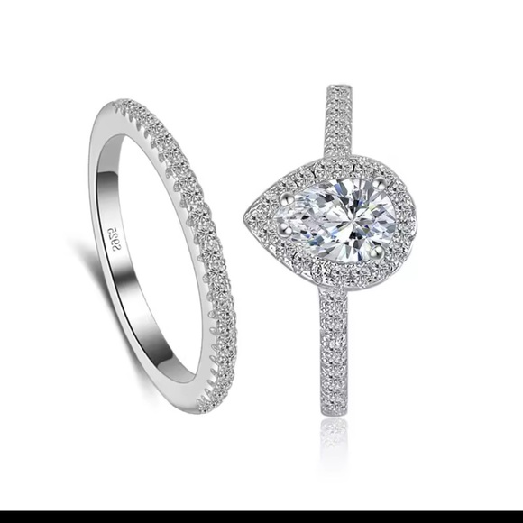 NIB S925 Sterling Silver & CZ Diamond Teardrop Engagement Wedding Ring Set - Picture 3 of 11